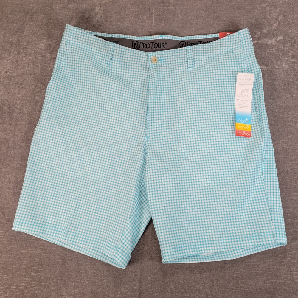PRO TOUR Mens Golf Shorts Blue Gingham Check Casual‎ Athletic Size 36 New